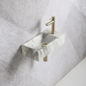 Fonteinset Mia 40.5x20x10.5cm marmerlook wit grijs rechts inclusief fontein kraan, sifon en afvoerplug mat goud