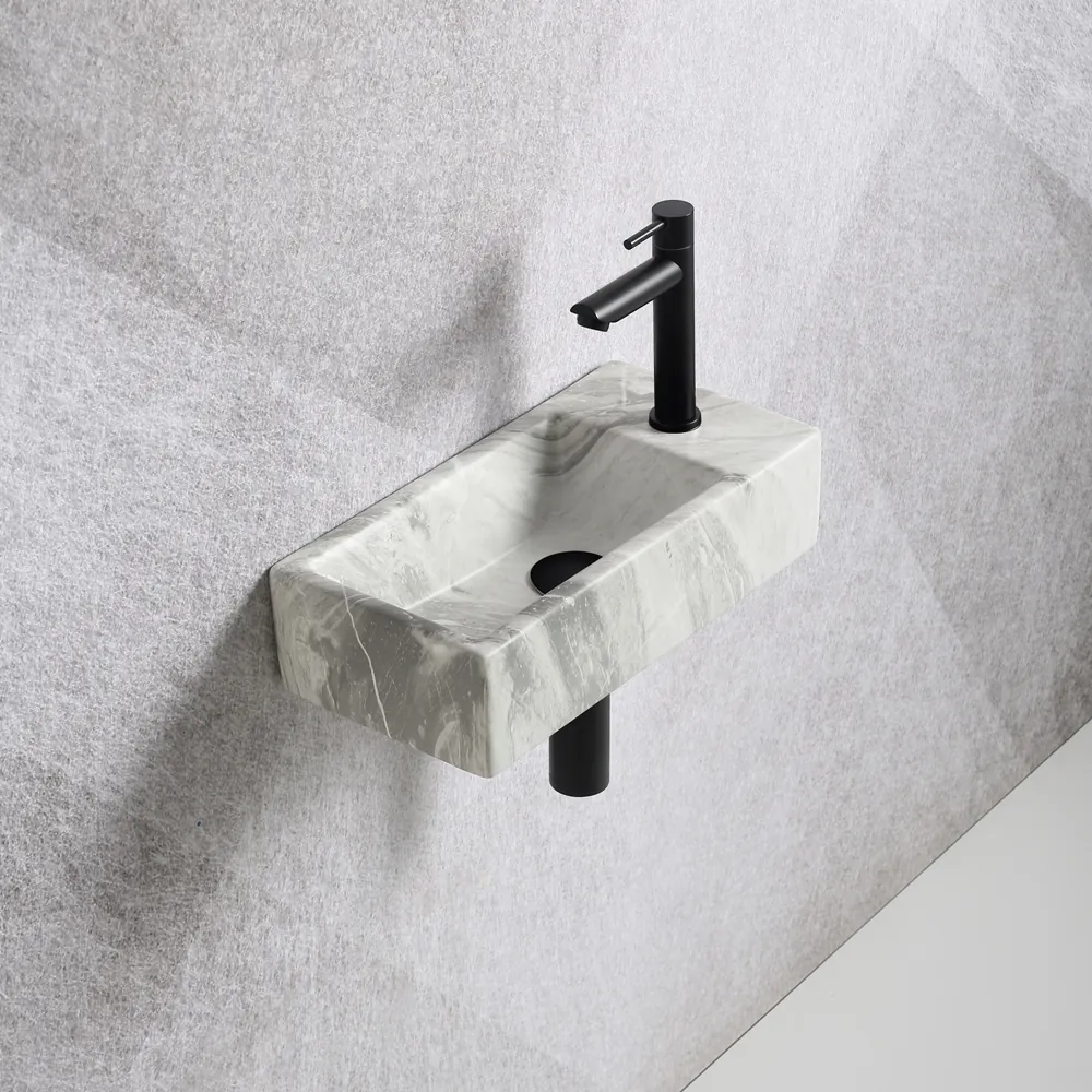 Fonteinset Mia 40.5x20x10.5cm marmerlook wit grijs rechts inclusief fontein kraan, sifon en afvoerplug mat zwart