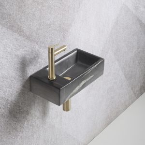 Fonteinset Mia 40.5x20x10.5cm marmerlook zwart links inclusief fontein kraan, sifon en afvoerplug mat goud