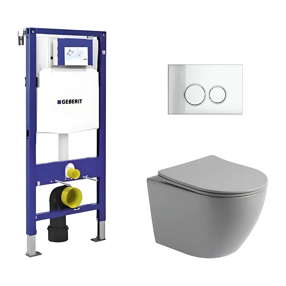 Toiletset Pietro randloos mat grijs met bedieningspaneel Ring chroom en Geberit Duofix WC-element (UP320)