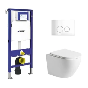 Toiletset Pietro tornado flush glans wit met bedieningspaneel Flat chroom en Geberit Duofix WC-element (UP320)