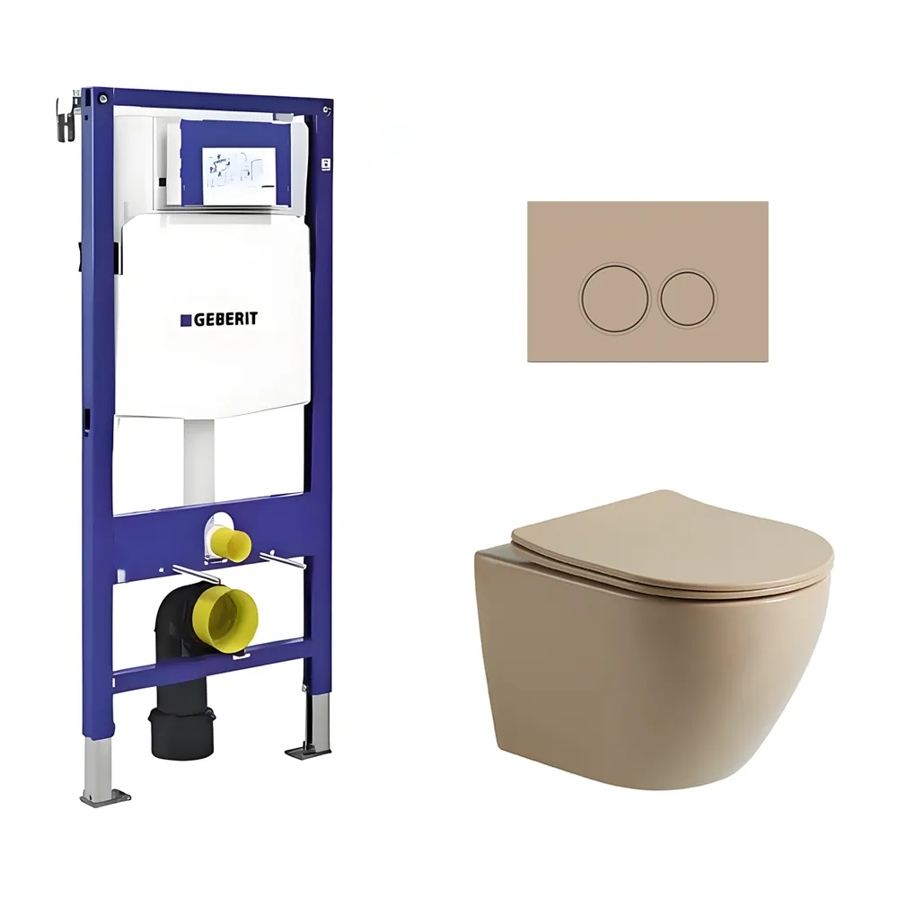 Toiletset Pietro tornado flush mat beige met bedieningspaneel Ring mat beige en Geberit Duofix WC-element (UP320)