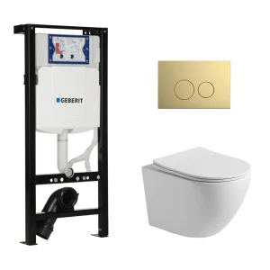 Toiletset Pietro randloos glans wit met bedieningspaneel flat mat goud en Plieger Duofix WC-element (UP320)
