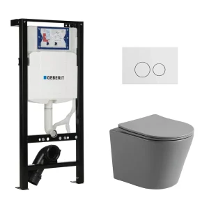 Toiletset Julio randloos mat grijs met bedieningspaneel flat mat wit en PliegerDuofix WC-element (UP320)