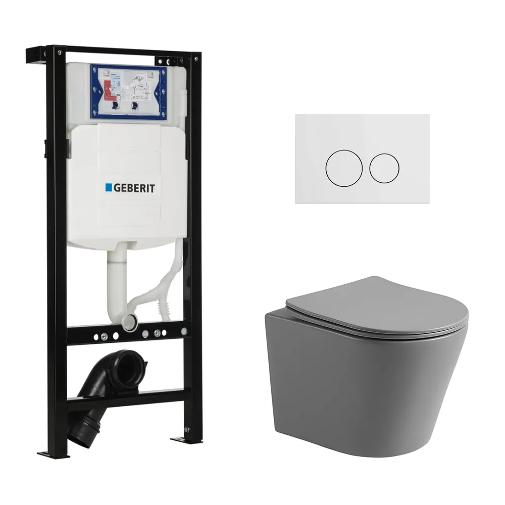 Toiletset Julio randloos mat grijs met bedieningspaneel flat mat wit en PliegerDuofix WC-element (UP320)