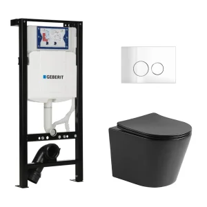 Toiletset Julio randloos mat zwart met bedieningspaneel Flat chroom en Plieger Duofix WC-element (UP320)
