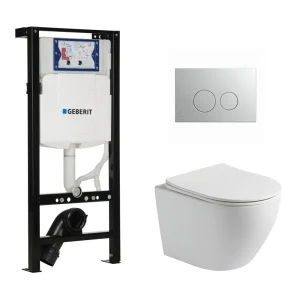 Toiletset Pietro randloos mat wit met bedieningspaneel flat geborsteld RVS en Plieger Duofix WC-element (UP320)