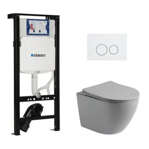 Toiletset Pietro randloos mat grijs met bedieningspaneel flat mat wit RVS en Plieger Duofix WC-element (UP320)