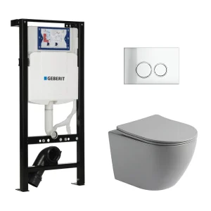 Toiletset Pietro randloos mat grijs met bedieningspaneel Ring chroom en Plieger Duofix WC-element (UP320)