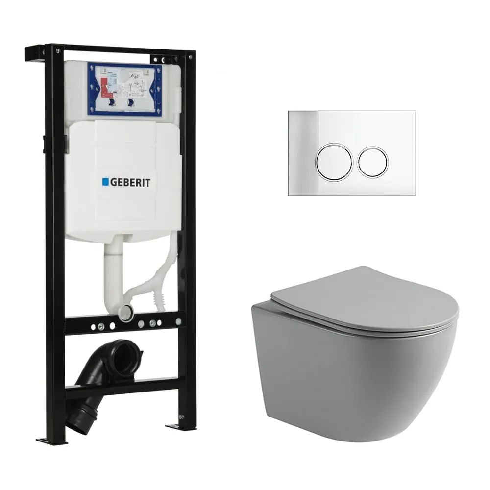 Toiletset Pietro randloos mat grijs met bedieningspaneel Ring chroom en Plieger Duofix WC-element (UP320)