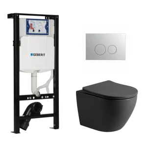 Toiletset Pietro randloos mat zwart met bedieningspaneel flat geborsteld RVS en Plieger Duofix WC-element (UP320)