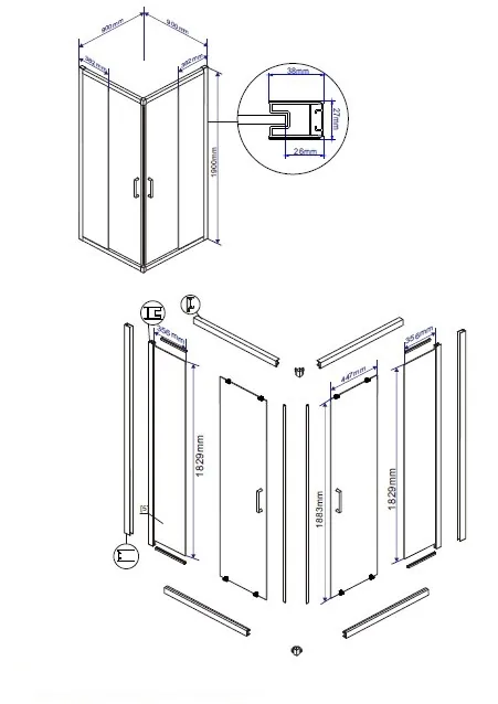 Douchecabine met schuifdeur 90x90x195cm serie Nevio chroom 6mm Nano veiligheidsglas - Afbeelding 7