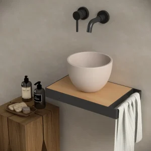 Toiletmeubel frame zwart plateau eiken inclusief waskom mini beige met handoekbeugel Berdine 36×22.5x5cm rechts