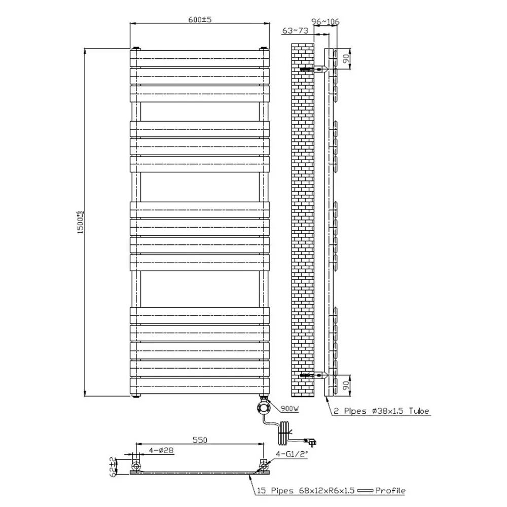 Elektrische designradiator Ella 150x60cm mat zwart 900W - Afbeelding 7