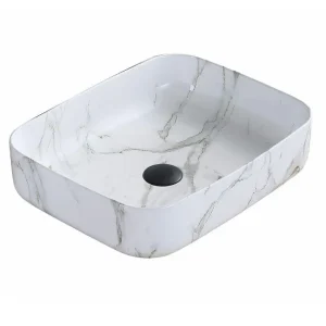 Waskom Sabrina 50x39x13cm marmerlook inclusief afvoerplug mat zwart