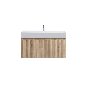 Badkamermeubel Yuki 100cm licht eiken inclusief wastafel robuust glans wit met kraangat