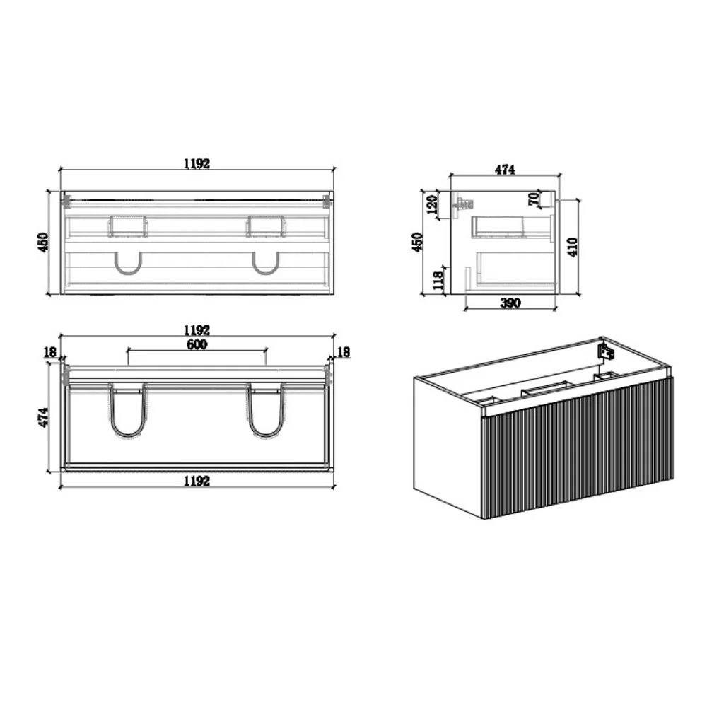 Badkamermeubel Yuki 120cm walnoot inclusief dubbele wastafel robuust glans wit zonder kraangaten - Afbeelding 7